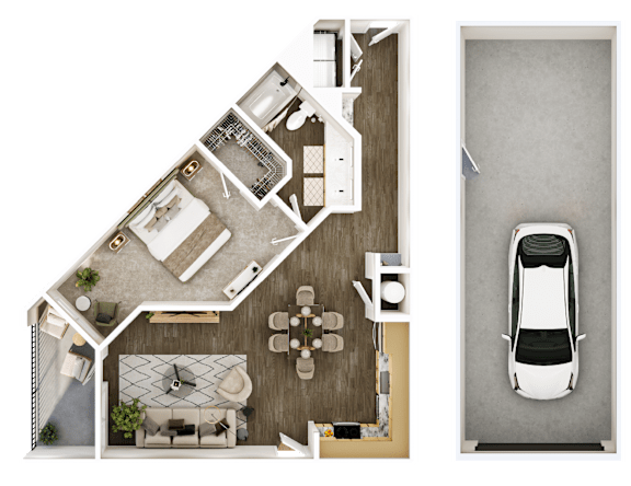 A top down view of a house interior and a car parked in a garage.