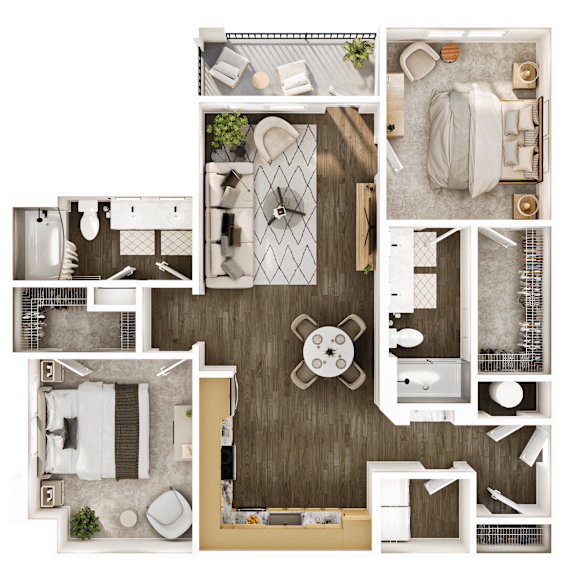 A top-down view of a modern, minimalist apartment layout.