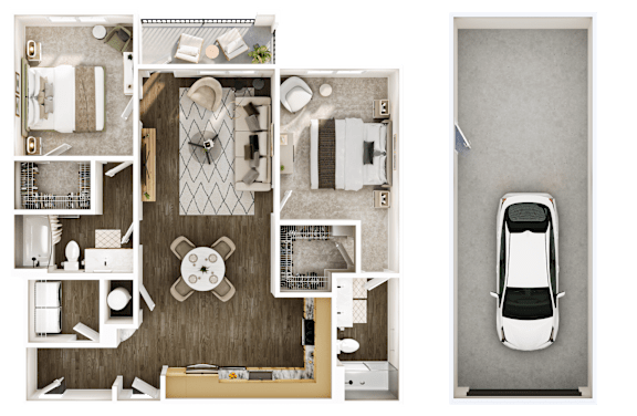 A top down view of a house interior and a car.