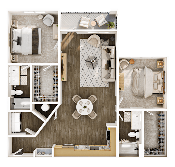 A top-down view of a small apartment layout with a kitchen, living room, and bathroom.