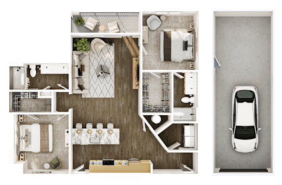 A top-down view of a house layout with a car parked outside.