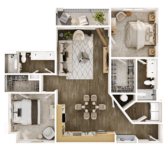 A top-down view of a house layout with a kitchen, living room, and bathroom.