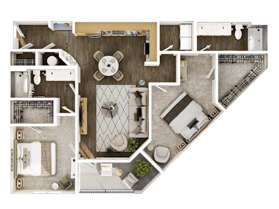 A top-down view of a house layout with a kitchen, living room, and bathroom.