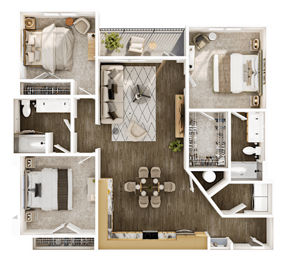 Floor Plan  A top-down view of a house layout with a kitchen, living room, and bathrooms.