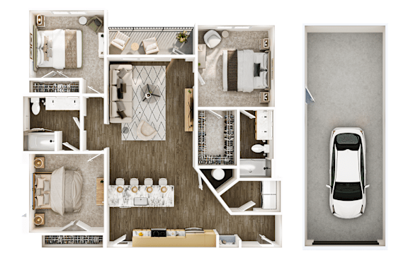 A top-down view of a house layout with a car parked outside.