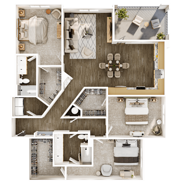 A top-down view of a house layout with a kitchen, living room, and bathrooms.