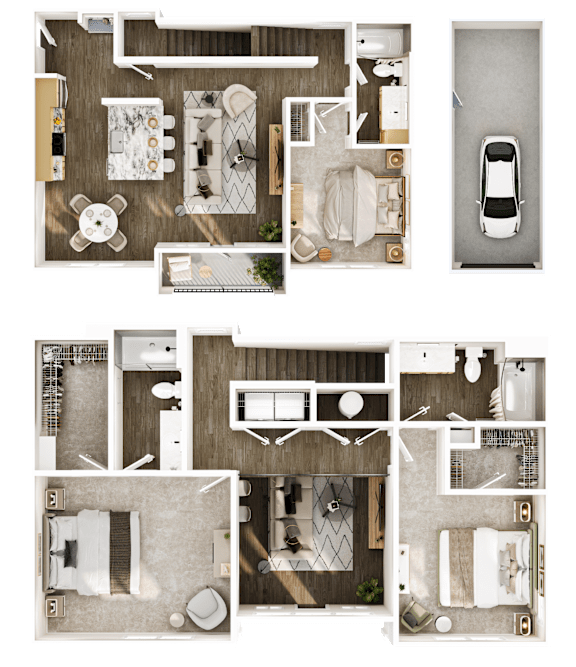 A set of four floor plans for a house with a car parked outside.