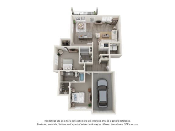 a stylized floor plan of a 3 bedroom apartment