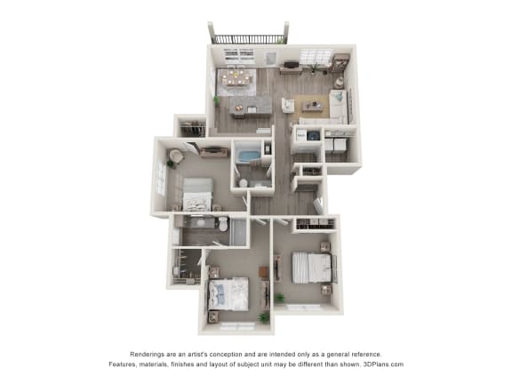 a stylized floor plan of a 3 bedroom apartment