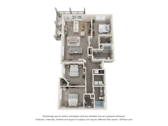 a stylized floor plan of a 3 bedroom apartment