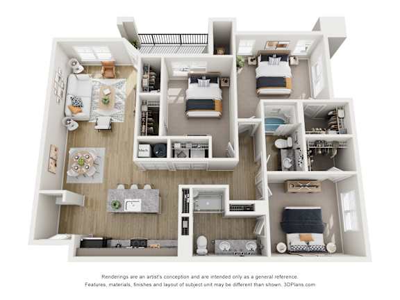 A 3D floor plan of a house with multiple rooms and furniture.
