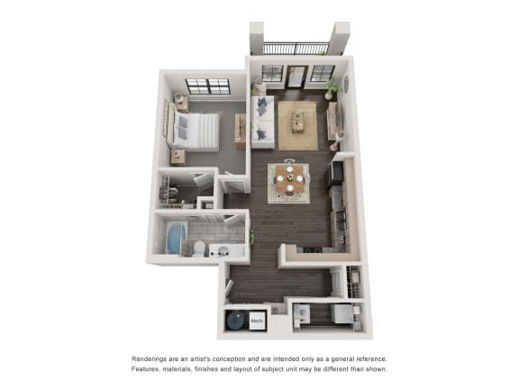 A2 Floorpan - 1 bed 1 bath - 805 sq ft