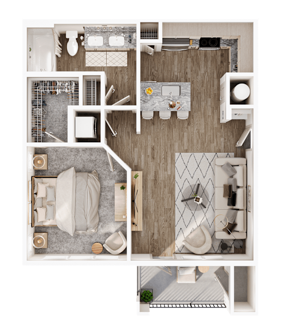 A top-down view of a well-organized apartment with a living area, kitchen, and bathroom.