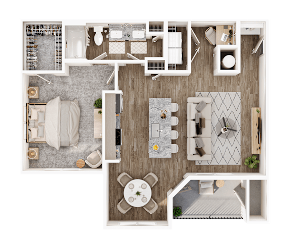 A top-down view of a well-organized apartment with a kitchen, living room, and bathroom.