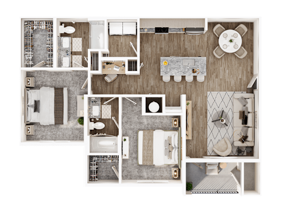 A detailed 3D floor plan of a house showing all rooms and their layouts.
