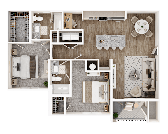 A top-down view of a house layout with a kitchen, living room, dining area, and bathroom.