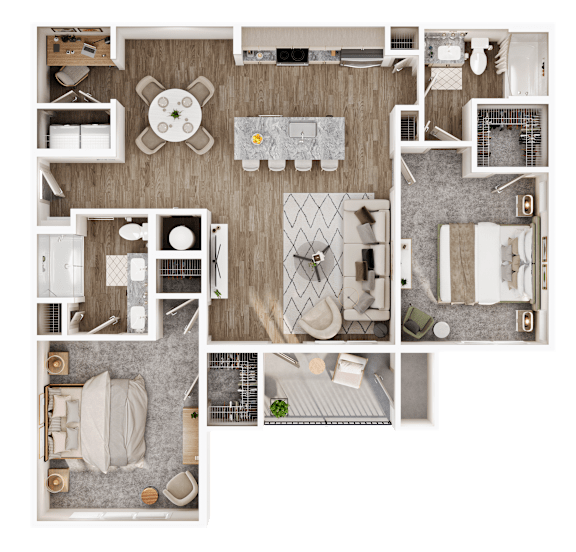 A top-down view of a house layout with a kitchen, living room, and bathroom.
