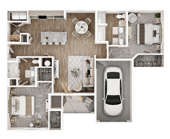 A top-down view of a house layout with a car parked outside.