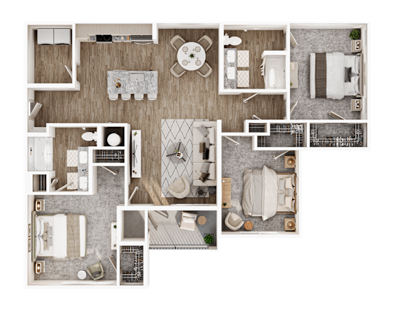 A top-down view of a house layout with various rooms and furniture.