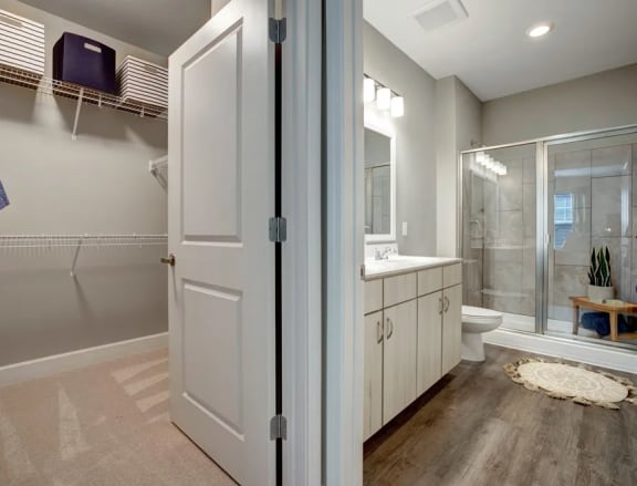 Bathroom and walk-in closet at Apartments @ Eleven240, North Carolina, 28216