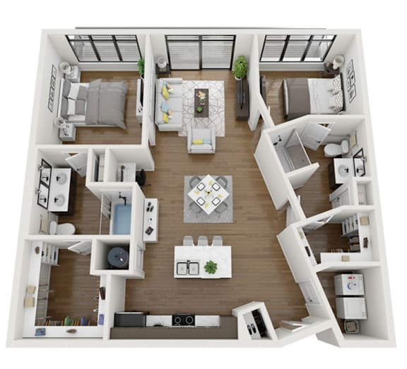 A top-down view of a modern apartment layout with a kitchen, living room, and bedrooms.