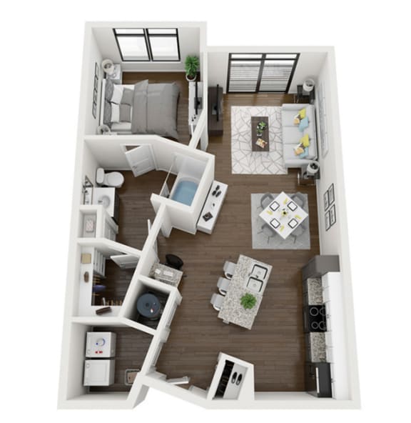 a stylized floor plan of a 1 bedroom apartment at the crossings at white marsh apartments,