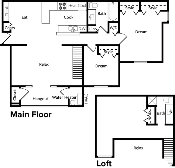 A floor plan of a house with a main floor and loft.