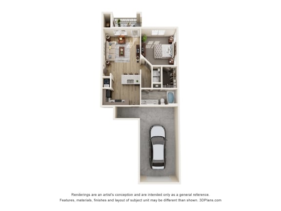 A1.1 w/ Garage - 1 Bed 1 Bath 726 sq ft w/ Garage