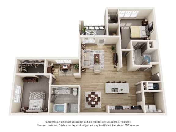 a stylized floor plan of a 1 bedroom apartment