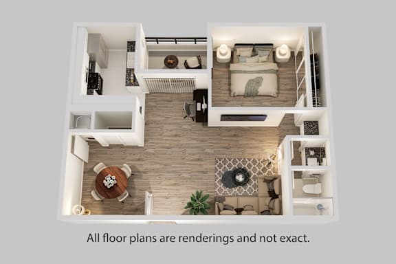 A 3D rendering of a modern, minimalist apartment layout.