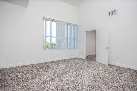 an empty living room with carpet and a window