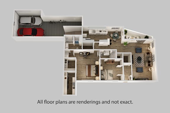 a 3d floor plan of a 3 bedroom apartment
