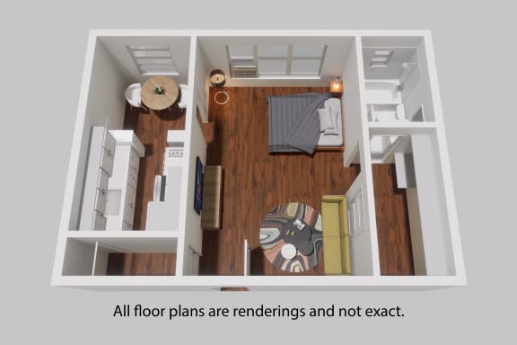 an overhead view of a 1 bedroom floor plan