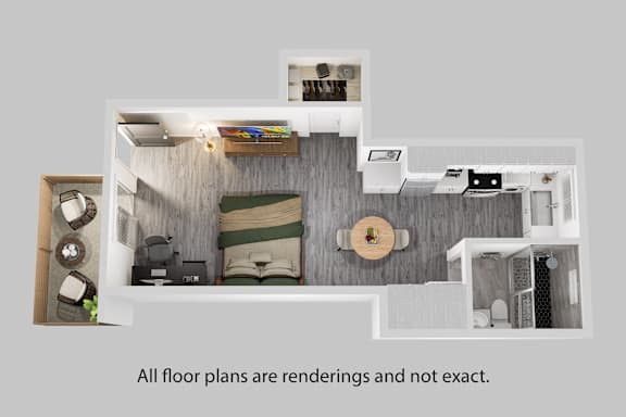 a bedroom with a bed and a desk in a room