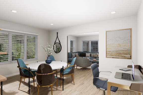 a living room and dining room with a table and chairs
