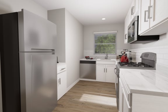 a kitchen with white cabinets and stainless steel appliances