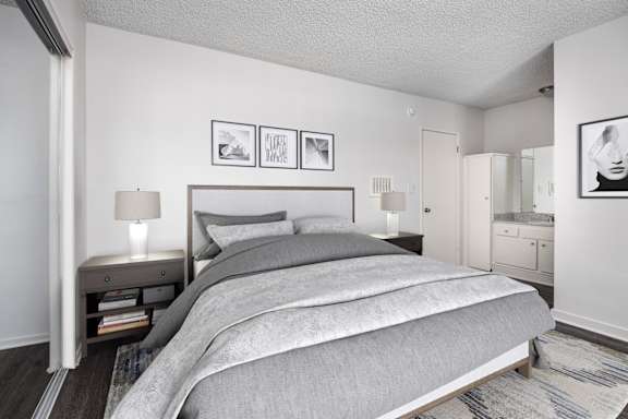 a bedroom with a bed and a closet