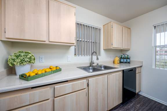 an empty kitchen with wooden cabinets and a sink