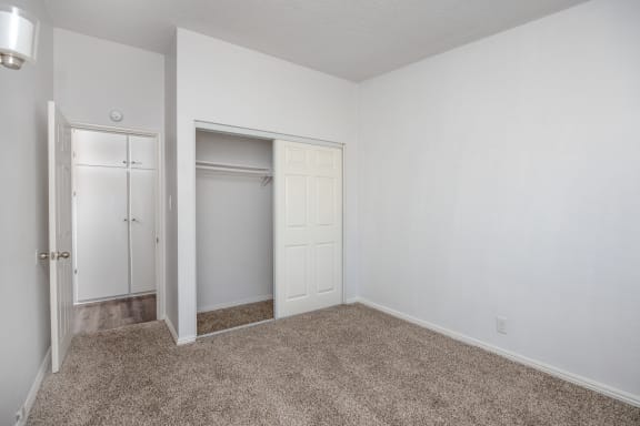 a bedroom with white walls and carpet and a closet