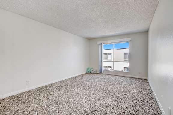 an empty living room with a window and carpet