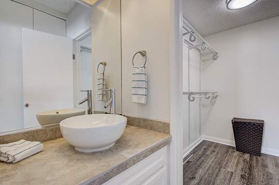 a bathroom with a sink and a shower and a mirror