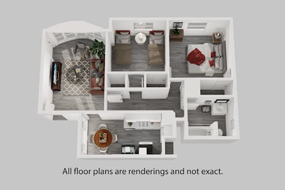 A 3D rendered image of a house layout.