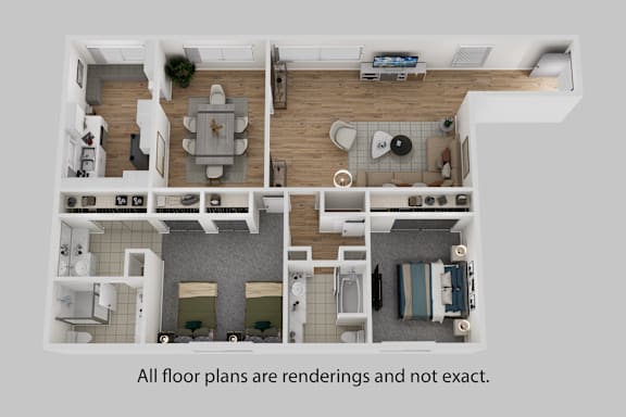3d floor plan of a house with bedrooms and a living room