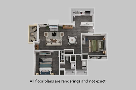 A 3D rendering of a house floor plan with a kitchen, living room, and bathroom.