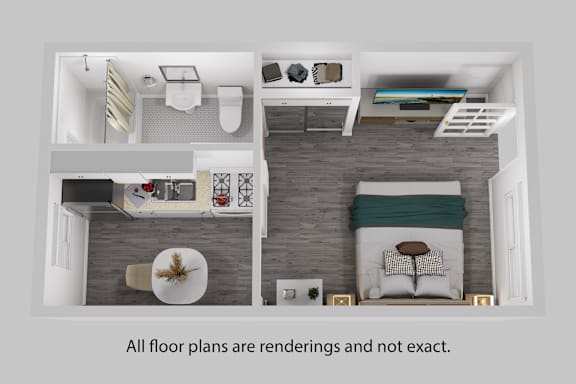 A rendering of a bedroom with a bed, dresser, and a chair.