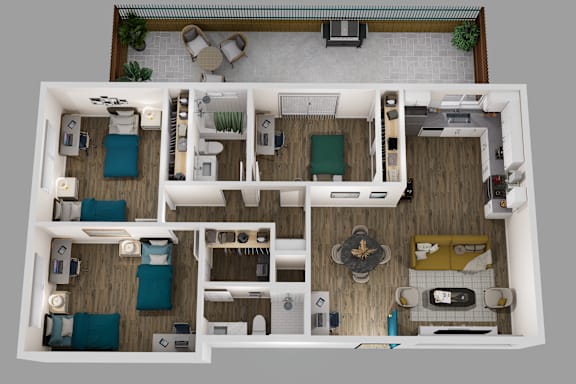 A top-down view of a house layout with multiple rooms and furniture.