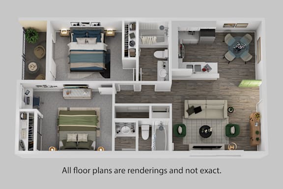 A top down view of a house layout with a disclaimer that all floor plans are renderings and not exact.