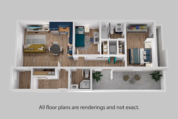 3d floor plan of a apartment with all floor plans are rendered and not exact