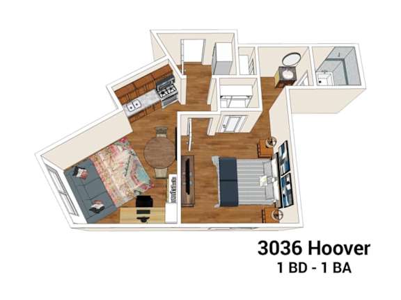 A floor plan of a 3036 Hoover apartment with 1 bedroom and 1 bathroom.