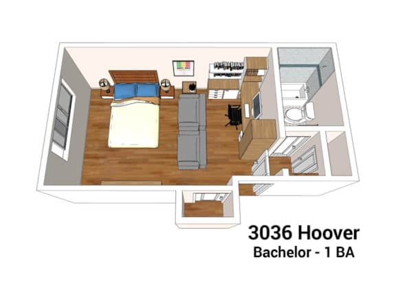 A drawing of a 1 bedroom apartment with a living room and kitchen area.